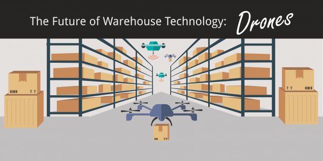 warehouse technology drones inventory graphic with boxes on shelves